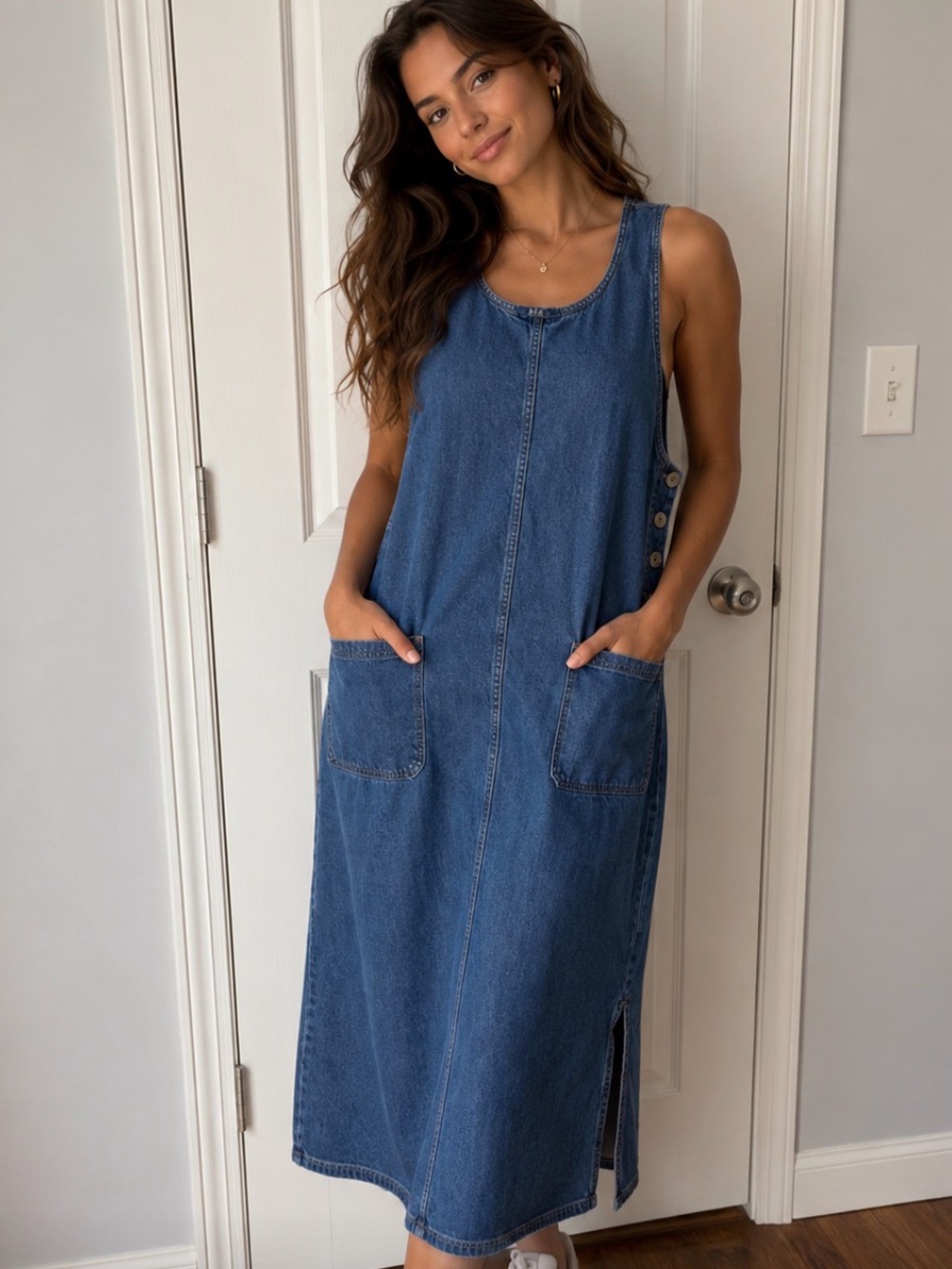 💋DPS New York Vintage Cotton Denim Sleeveless Jumper MIDI Dress, L